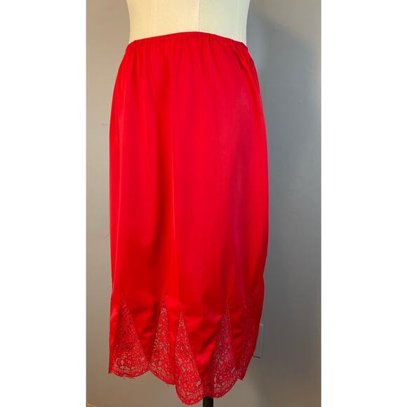Vintage 1950s Red Nylon Half Slip Lace Paneled Hem Van Raalte Large - Picture 1 of 10
